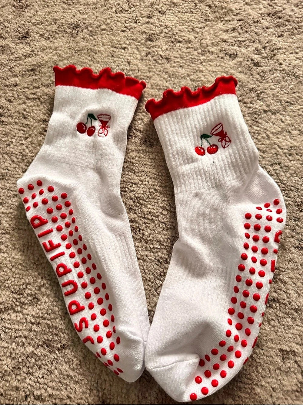 Cherry Grip Socks in White & Red Like New